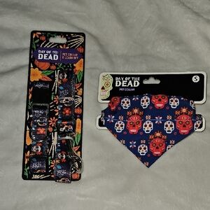 Day Of The Dead Medium Pet Collar & Leash Set & Small Handkerchief Buckle Fall